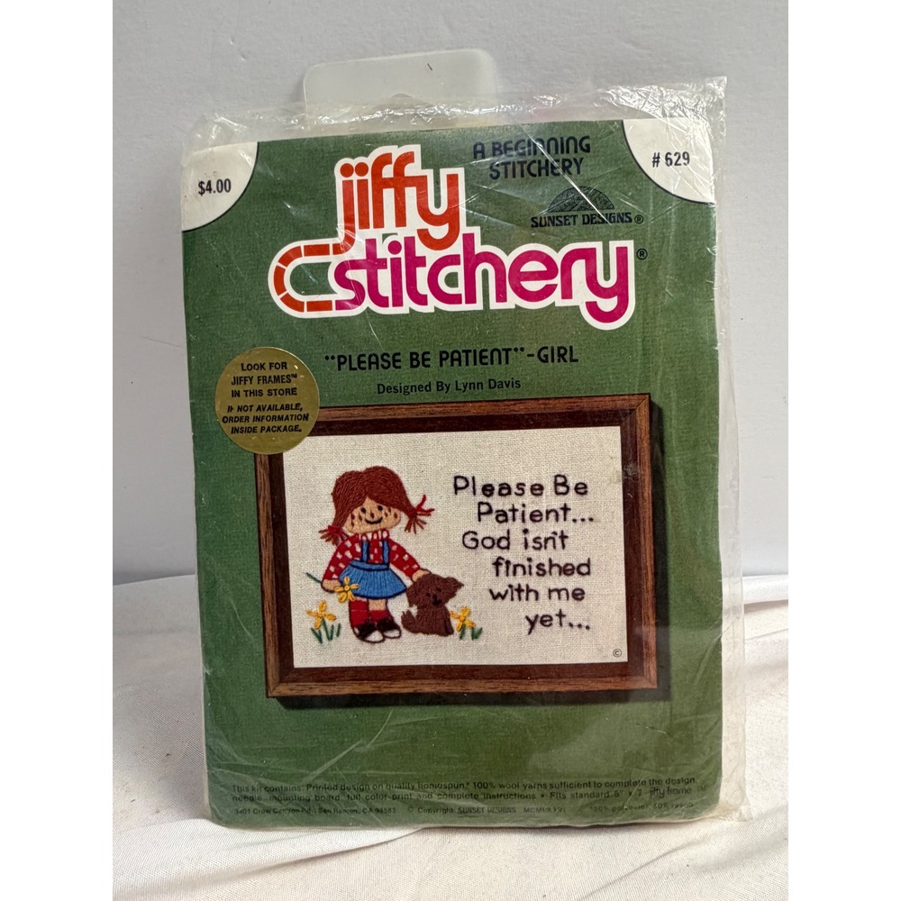 Vintage Jiffy Stitchery Please Be Patient Girl Embroidery Kit Sunset Designs 629